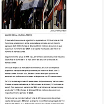 Economa.- El mercado transaccional de Argentina ms que triplica en 2024 el capital movilizado respecto a 2023